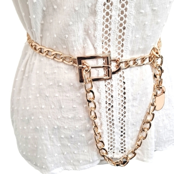 Gold boho chunky chain link metal waist square buckle statement Y2k dress belt - Picture 8 of 11